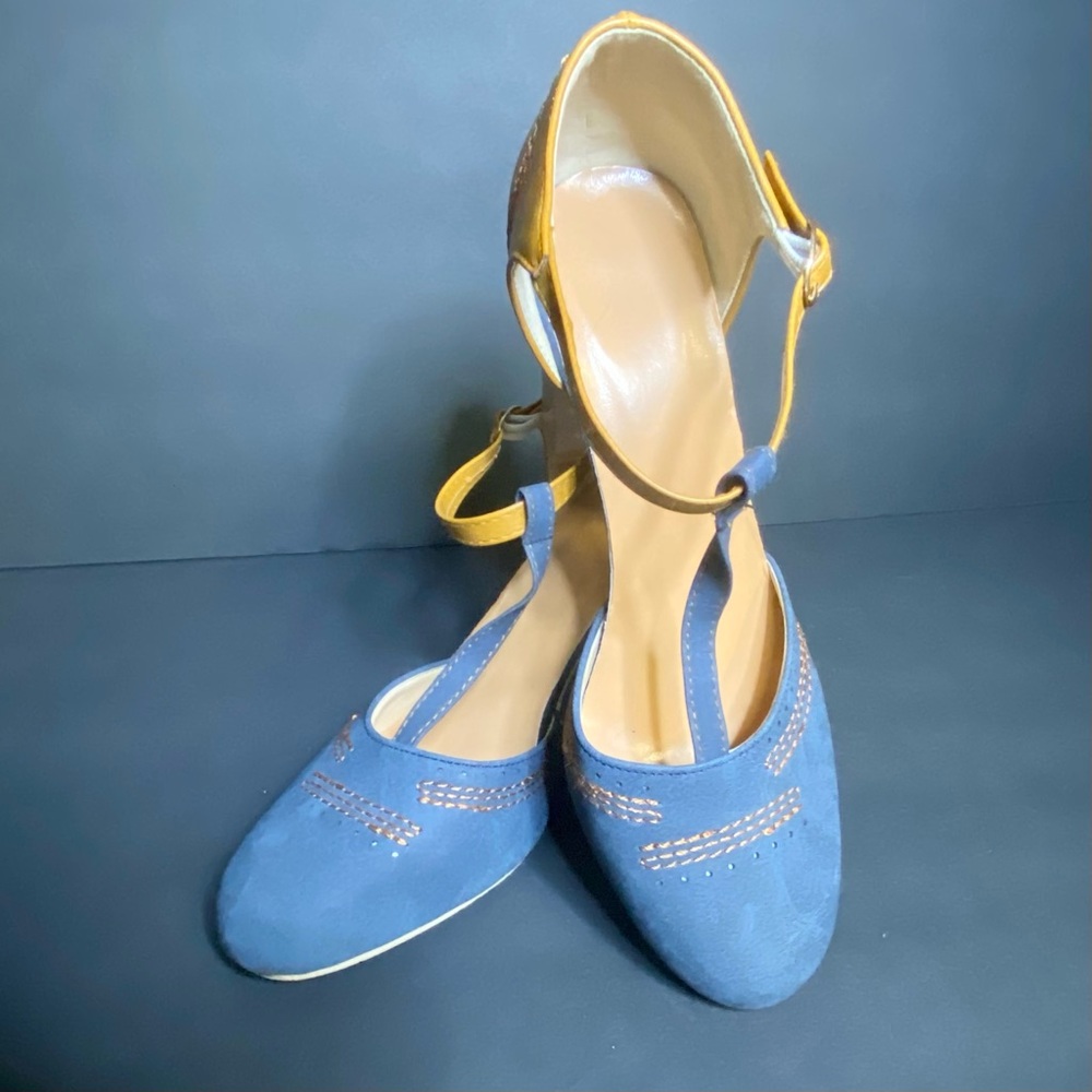 Women’s Blue/ Mustard Yellow T-Strap Ankle Strap Heels